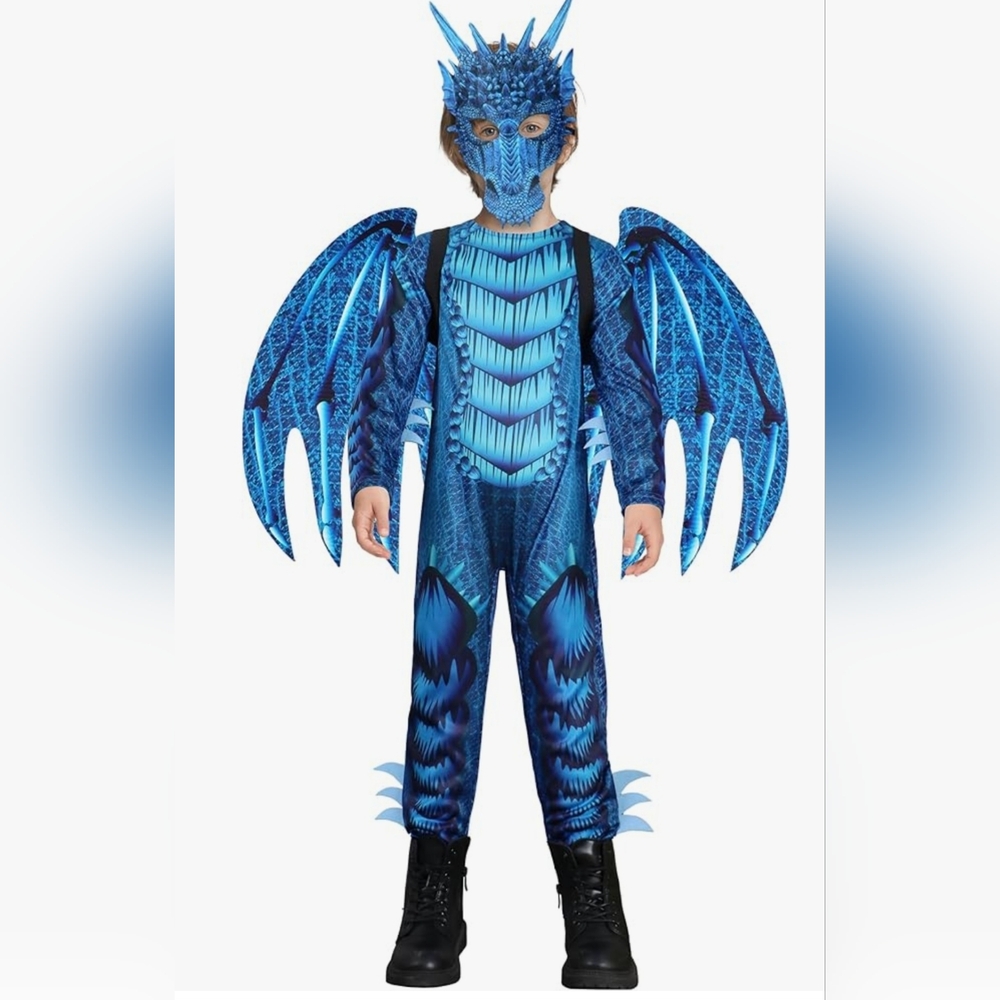 New Kali Blue Dragon Costume Jumpsuit with Wings and Mask